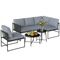 Outsunny Salon de Jardin Extérieur 5 Pièces, 2 Canapés, 2 Tables, 1 Chaise, Pochette de Rangement, 182x167x65cm, Gris Foncé(m-11)