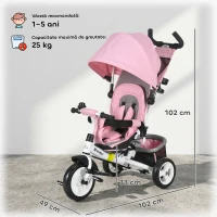 HOMCOM Triciclu pentru Copii 1-5 Ani cu Mâner Reglabil, Acoperiș Ajustabil, 102x49x102 cm, Alb și Roz(m-3)