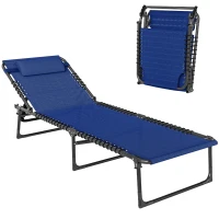 Outsunny Tumbona Plegable, Tumbona Jardín Exterior Reclinable 4 Posiciones con Reposacabezas y Marco de Acero, Carga 120 kg, para Terraza, Piscina, Playa, 189x58x30 cm, Azul Oscuro(m-6)