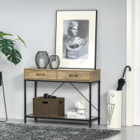HOMCOM Mesa Consola Industrial Mesa de Sofá com 2 Gavetas e Prateleira para Entrada com Pés de Metal Castanho e Preto(m-2)