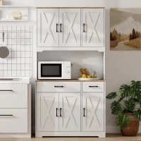 HOMCOM Alacena de Cocina con 6 Puertas Encimera para Microondas 2 Cajones Estantes Ajustables Orificio para Cable Blanco(m-7)