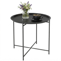 Outsunny Tuintafel, Ronde Buitenzijtafel van Staal met Afneembaar Dienblad, Opvouwbaar Ontwerp, Terrastafel, Zwart