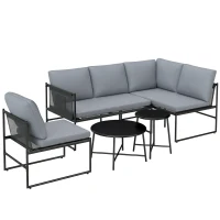 Outsunny Salon de Jardin Extérieur 5 Pièces, 2 Canapés, 2 Tables, 1 Chaise, Pochette de Rangement, 182x167x65cm, Gris Foncé(m-12)
