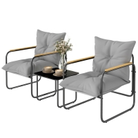 Outsunny Salon de Jardin 3 Pièces, 2 Fauteuils avec Coussins Épais, 1 Table Basse en Verre Trempé, 59x73x72cm, Gris Foncé