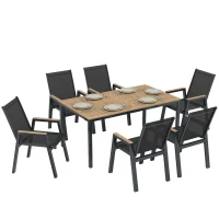 Outsunny Conjunto de Mesa y Sillas Jardín con Mesa con Tablero de Listones y 6 Sillas Transpirables para Terraza Patio Negro(m-10)