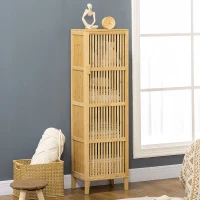 HOMCOM Meuble de rangement en bambou avec étagères et porte design à lamelles pour salle de bain chambre salon 40 x 30 x 140 cm(m-10)