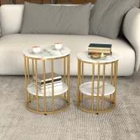 HOMCOM Lot de 2 tables basses rondes tables de salon effet marbre avec étagère de rangement ouverte et cadre en acier or(m-10)