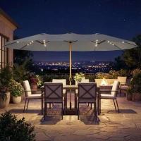 Outsunny Double Sided Garden Parasol with Base Included & 48 Solar LED Lights Patio Umbrella Crank Handle 4.6m Light Grey(m-9)
