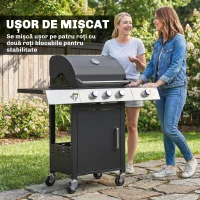 Outsunny Grătar pe Gaz, 3 Arzătoare, Arzător Lateral, Grătare din Fontă, Rafturi Laterale Incluse.(m-8)