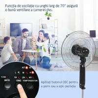 HOMCOM, Ventilator de Podea, Cu Telecomandă, Metal, Plastic,44,5 x 44,5 x 124 cm, Negru(m-5)