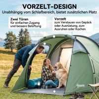 Outsunny Tente de camping familiale 2-3 personnes tente tunnel étanche légère ventilée facile à monter chambre salon 3 portes fenêtres 4,26 x 2,06 x 1,54 m fibre verre polyester PE vert(m-5)