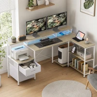 HOMCOM Eckschreibtisch mit Steckdosen und RGB-LED-Licht, Computerschreibtisch, 172 x 100 cm, Monitorhalter, 2 Schubladen, Weiß(m-2)