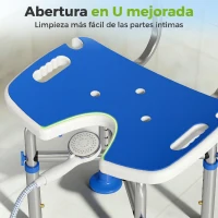 HOMCOM Silla Ducha Personas Mayores Antideslizante con Respaldo Altura Ajustable Soporte para Alcachofa Carga 150 kg Azul(m-5)