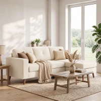 HOMCOM Canapea colțar 192 cm în formă de L, canapea 3 locuri cu chaise-longue reversibilă, aspect cord, pentru spații mici, alb crem(m-2)