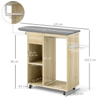 HOMCOM Armoire à repasser en bois table à repasser avec roulettes barre de suspension étagère 125 x 43,5 x 102,5 cm bois naturel(m-3)