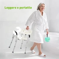 HOMCOM Sedia da Doccia in HDPE a 6 Altezze Regolabili con Schienale e Braccioli, 47x50x74-87 cm, Bianco e Argento(m-7)
