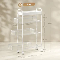 HOMCOM Küchenwagen aus Metall, 3 Körbe, schmales Design, 4 Räder, für Küche, Wohnzimmer, Badezimmer, Weiß(m-3)