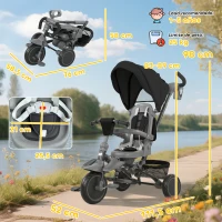 AIYAPLAY Triciclo Evolutivo 6 en 1 Plegable Asiento Giratorio de 360° Mango Parental Respaldo Reclinable Toldo Negro(m-3)