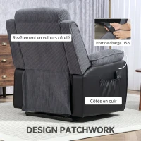 HOMCOM Fauteuil releveur électrique, fauteuil relax électrique velours côtelé, dossier inclinable, ports USB, 96x96x108cm, gris(m-8)