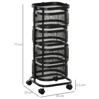 HOMCOM Servierwagen mit 4 Ebenen drehbar Küchenwagen mit Rollen Drahtkorb Rollwagen mit oberen Regal 33x33x77 cm Schwarz(m-3)