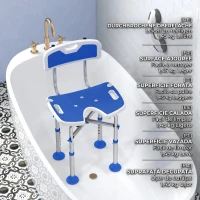 HOMCOM Silla Ducha Personas Mayores Antideslizante con Respaldo Altura Ajustable Soporte para Alcachofa Carga 150 kg Azul(m-9)