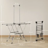 HOMCOM Tendedero Vertical Plegable con Alas Ajustables 4 Soportes para Calzado Barra y Estante 139x62,5x201 cm Plata(m-3)