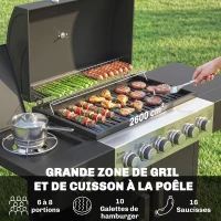 Outsunny Barbecue à gaz 6+1 brûleurs, chariot d'extérieur avec roues, grille de maintien au chaud, thermomètre, étagères latérales, noir(m-4)