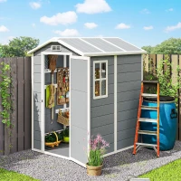 Outsunny Magazie de Grădină din Rășină cu Podea, Ușă Blocabilă și Fereastră, 1,3 x 1,8 m, Gri(m-8)