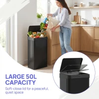 HOMCOM 50L Sensor Bin with Soft-Close Lid, Stainless Steel Automatic Touchless Motion Sensor Kitchen Bin, Black(m-4)