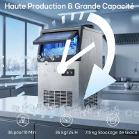 HOMCOM Machine à glaçons commerciale 36 kg/24h, acier inoxydable, ice maker, capacité 7,5 kg, 36 cubes par 10 minutes,(m-4)