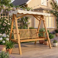 Outsunny Dondolo da Giardino Stile Classico Legno Massello di Pino Conforme alle Norme di FS Tettuccio Parasole in Tessuto di Poliestere con Rivestimento di PA 162x130x185cm 240kg(m-9)
