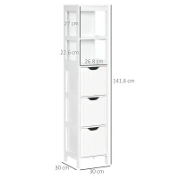 HOMCOM Narrow Floor Cabinet, Bathroom Cabinet with 3 Drawers and 2 Open Shelves, 30W x 30D x 141.6Hcm, White(m-3)