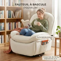 HOMCOM Fauteuil inclinable en chenille, fauteuil de relaxation pivotant à 360°, assise large, poches latérales, crème(m-9)