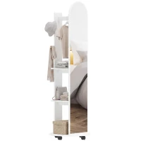 HOMCOM 2-in-1 Full Length Mirror with Storage Shelves, Floor Mirror with 4 Wheels, Coat Rack, Hooks, White(m-10)