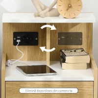 HOMCOM Noptieră modernă cu 2 prize, 2 porturi USB și sertar din PAL, 40x40x60cm, culoare lemn(m-7)