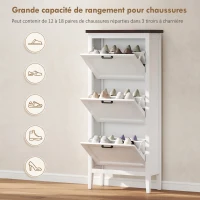 HOMCOM Meuble à chaussures 18 paires, armoire à chaussures étroite avec 3 tiroirs rabattables et étagères réglables, blanc(m-5)
