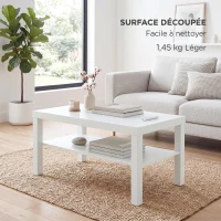 HOMCOM Table basse de salon, table d'appoint rectangulaire à 2 niveaux avec étagère de rangement, 90x45x44,5cm, blanc(m-8)