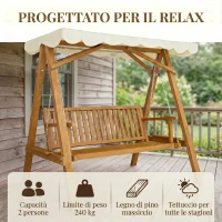 Outsunny Dondolo da Giardino Stile Classico Legno Massello di Pino Conforme alle Norme di FS Tettuccio Parasole in Tessuto di Poliestere con Rivestimento di PA 162x130x185cm 240kg(m-5)