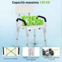 HOMCOM Sedia da Doccia in HDPE a 6 Altezze Regolabili con Schienale e Braccioli, 47x50x74-87 cm, Bianco e Argento(m-4)