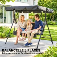 Outsunny Balancelle de Jardin 3 Places Toit Inclinaison réglable Coussins Assise et Dossier Acier Noir Polyester Noire(m-6)