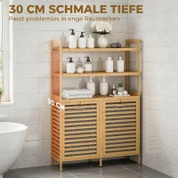 HOMCOM Doppel-Wäscheschrank mit Kippfunktion, freistehender Bambus-Schrank, 2 herausnehmbare Körbe, 3 Ablagefächer, Eiche(m-8)