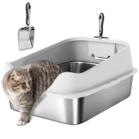 PawHut Katzentoilette Edelstahl Offene Katzenklo mit Schaufel hohem Rand für große Katzen bis 7 kg, 60,2 x 40,2 x 29,7 cm, Grau(m-11)