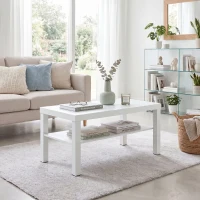 HOMCOM Table basse de salon, table d'appoint rectangulaire à 2 niveaux avec étagère de rangement, 90x45x44,5cm, blanc(m-9)