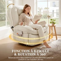 HOMCOM Fauteuil inclinable en chenille, fauteuil de relaxation pivotant à 360°, assise large, poches latérales, crème(m-7)