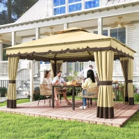Outsunny Cenador de Jardín 3,7x3 m con Doble Techo 4 Cortinas y Mosquitera Marco de Acero Orificios de Drenaje  UV30+ Beige(m-2)