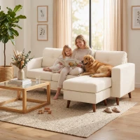 HOMCOM Canapea colțar 192 cm în formă de L, canapea 3 locuri cu chaise-longue reversibilă, aspect cord, pentru spații mici, alb crem(m-4)