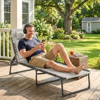 Outsunny Bain de Soleil transat Pliable Dossier inclinable Multi-Positions Acier thermoplastique Lacets élastiques Noir textilène crème(m-7)