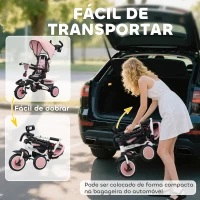 AIYAPLAY Triciclo Evolutivo 6 em 1 Dobrável Assento Giratório 360° Barra Parental Encosto Reclinável Toldo Rosa(m-8)