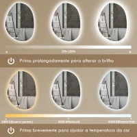 HOMCOM Espelho de Casa de Banho LED 3 Cores de Luz Brilho Regulável Função Anti-Embaciamento Função Memória IP44 70x50 cm Prata(m-4)