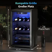 HOMCOM Weinkühlschrank 24 Flaschen, 68 Liter Kapazität, 4–16 °C Standgerät für Getränke, Bier und Wein mit Glas-Tür, Schwarz(m-3)